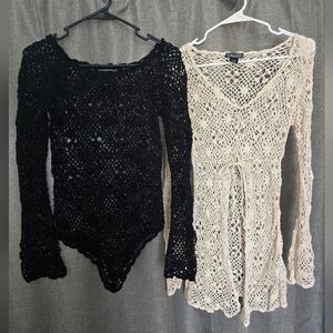 Vtg Y2k Set Of 2 Take Out Open Knit Long Sleeve Tops Ivory & Black Sz M Fairy